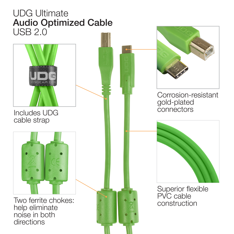 UDG SES KABLOSU USB 2.0 C-B YEŞİL  DÜZ (1,5 metre)
