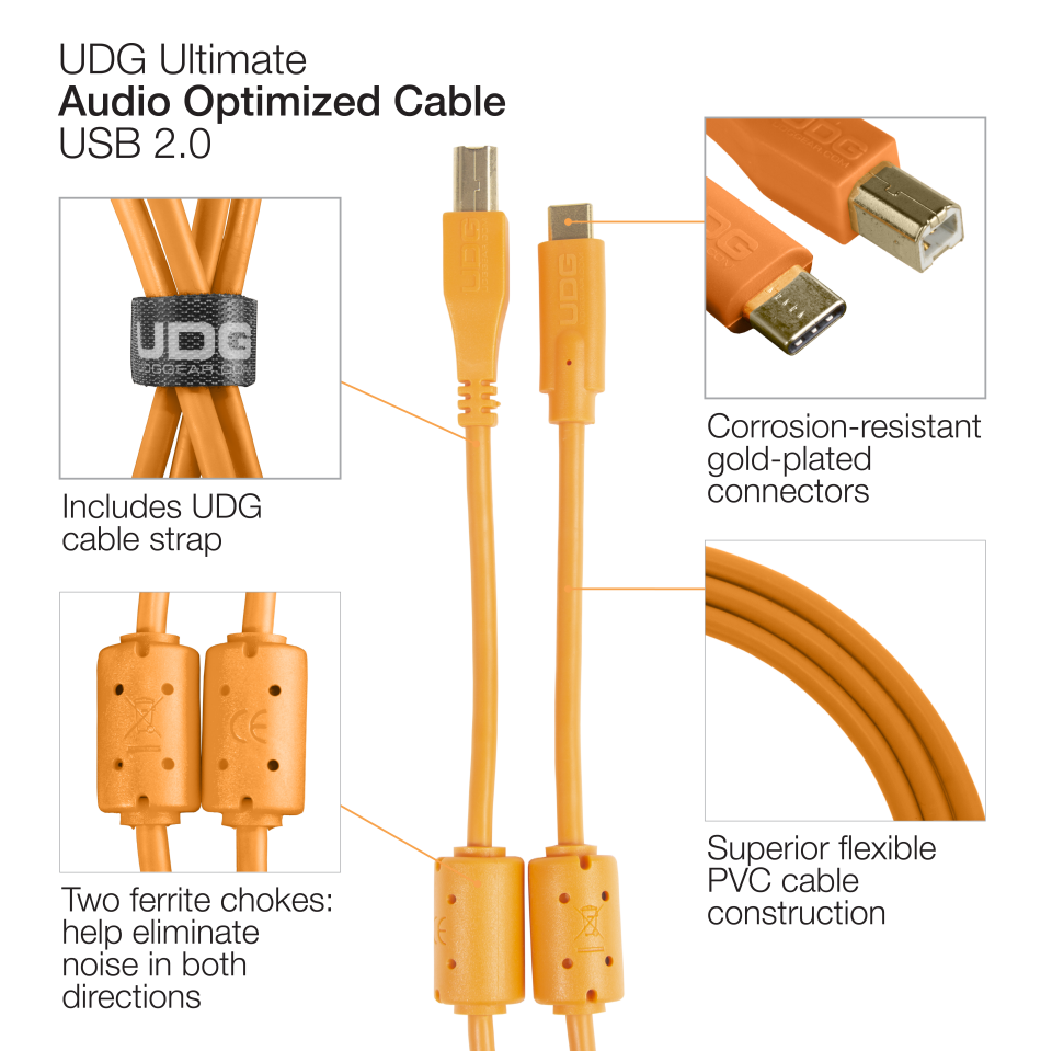 UDG SES KABLOSU USB 2.0 C-B TURUNCU DÜZ (1,5 metre)